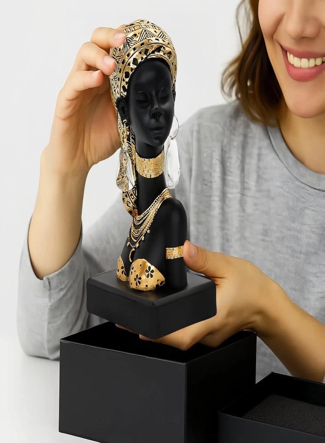 Dwelloria African Woman Resin Bust Sculpture with Crystal Earrings - Tribal Lady Figurine in Gold Headdress for Home Decor, Black and Gold Accent Statue for Shelf, Table, Office, Gift for Women - Image 4